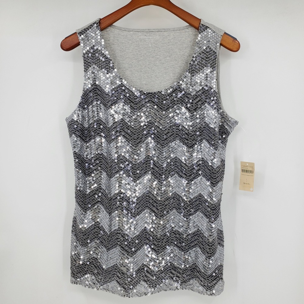 Coldwater Creek Womens Chevron Sequin Shell Tank Top Grey Silver Size L Party